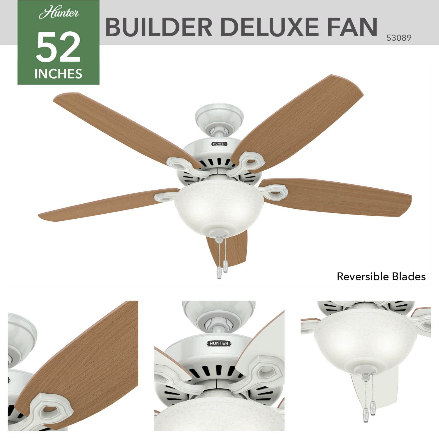 builder deluxe con luz 52 pulgadas ventiladores de techo hunter white - white| 2