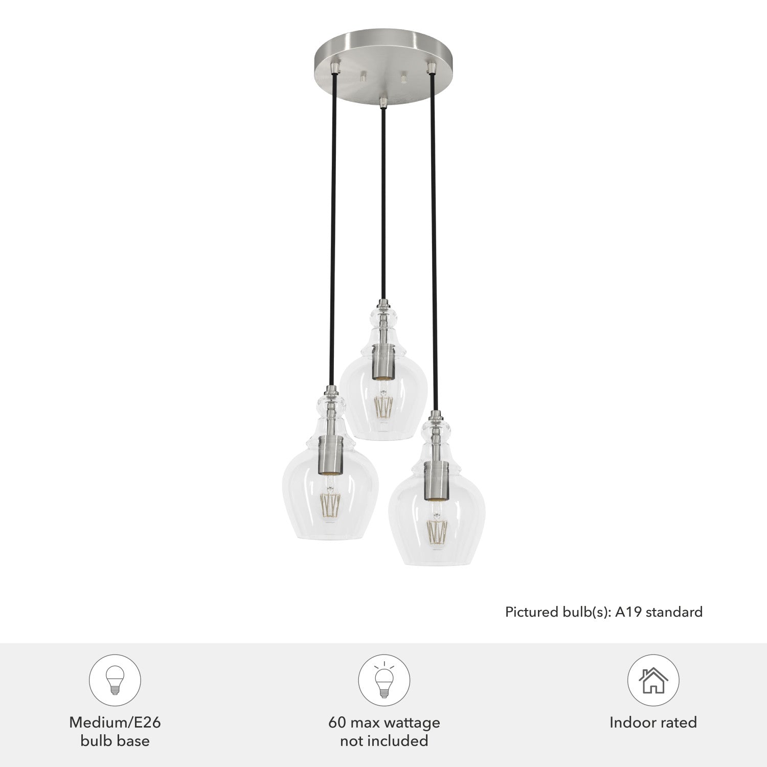 candelabro maple park 3 luces lighting hunter brushed nickel - clear| 4