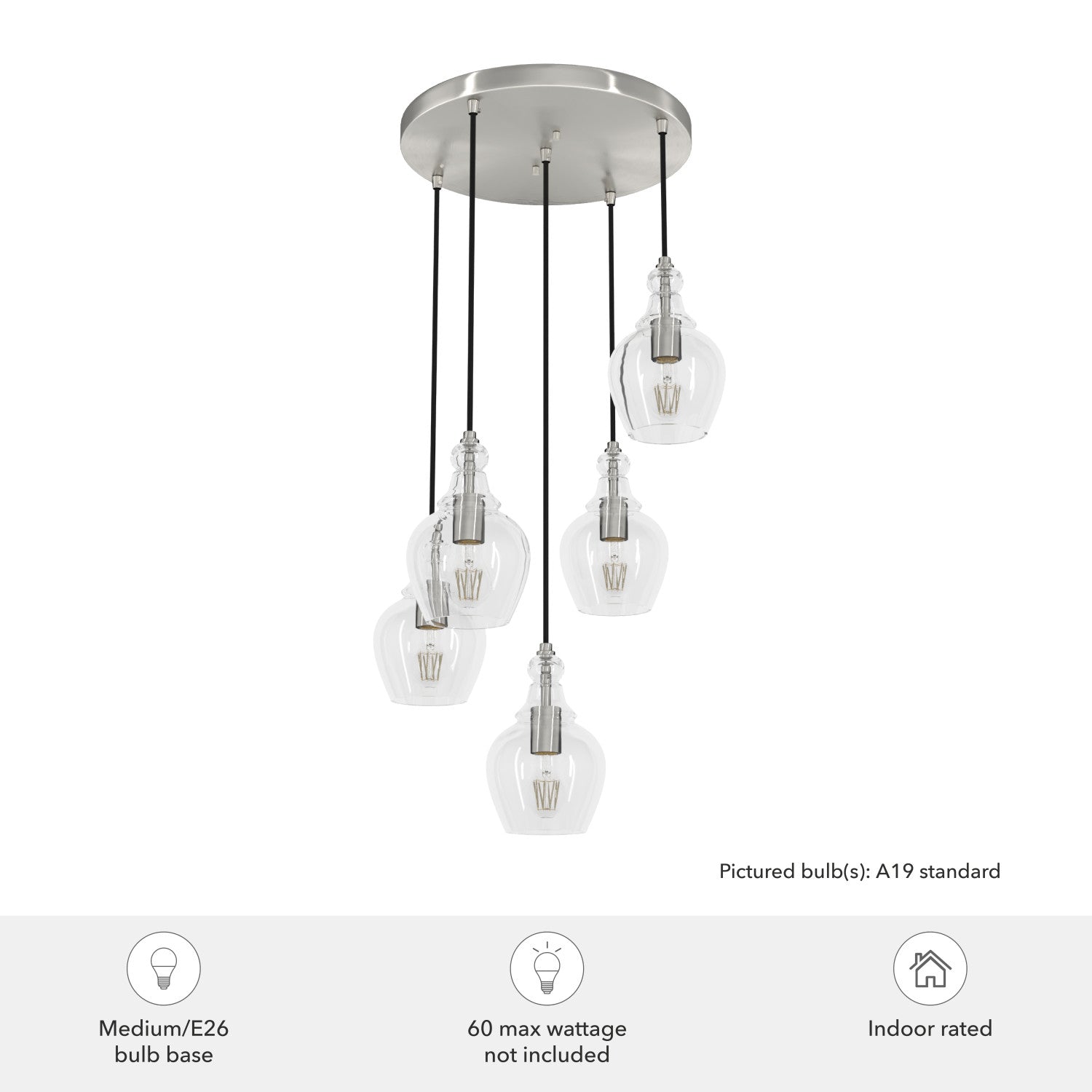 candelabro maple park 5 luces lighting hunter brushed nickel - clear| 4