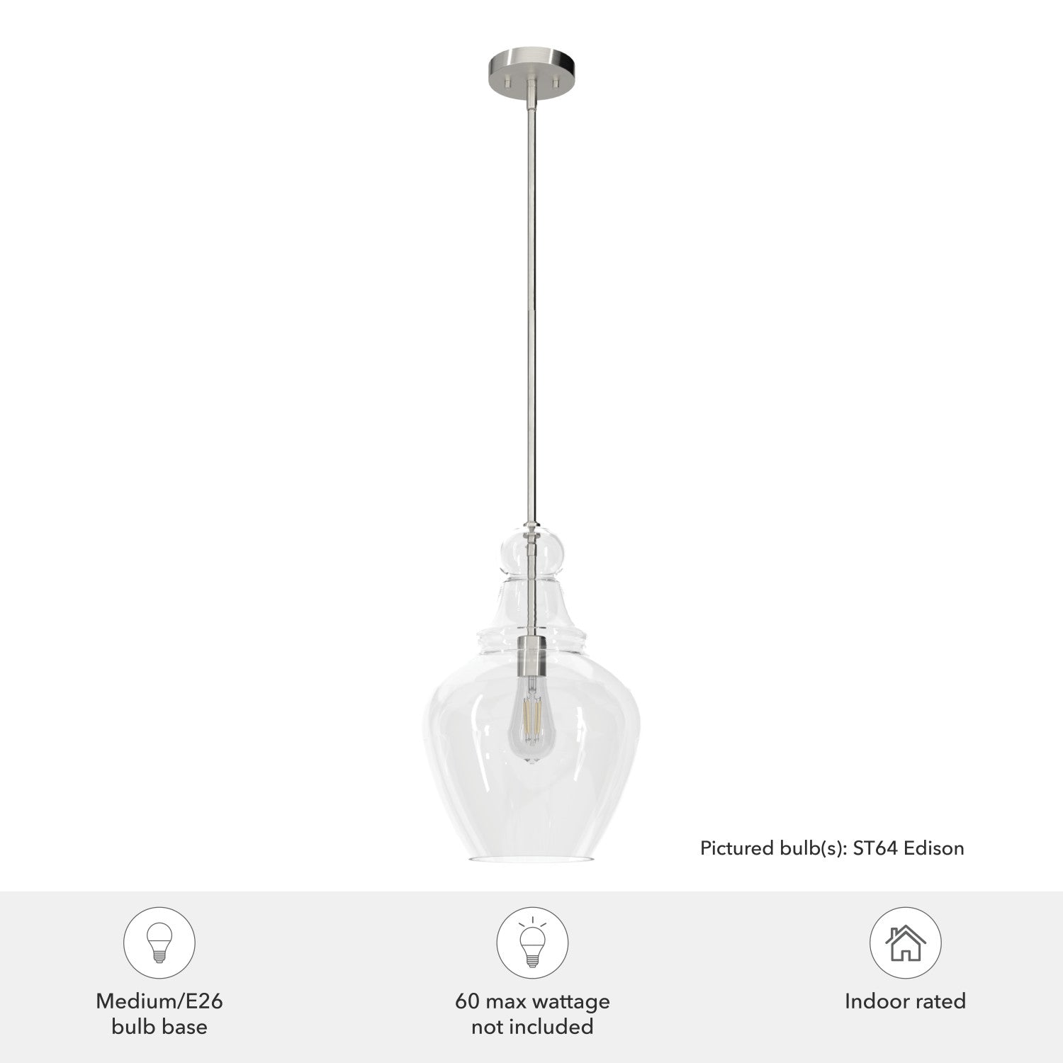 colgante maple park 1 luz 12 pulgadas lighting hunter brushed nickel - clear| 4